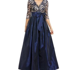 V-Beck 3/4 sleeve Lace Taffeta Ball Gown